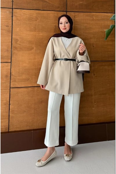Kadın Kemerli Kimono Astarlı Şık Ceket