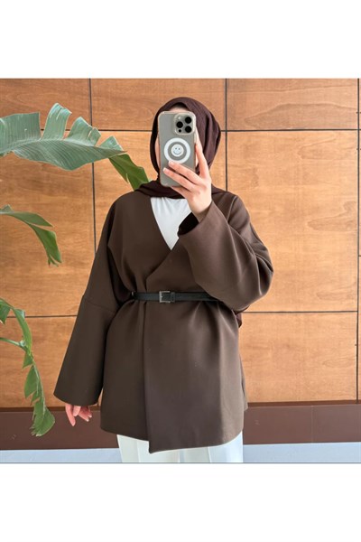 Kadın Kemerli Kimono Astarlı Şık Ceket