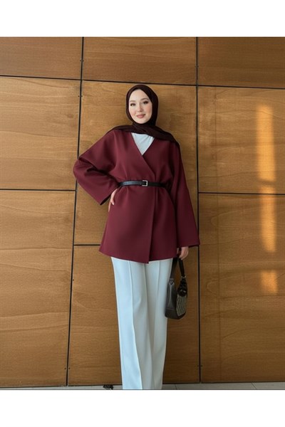 Kadın Kemerli Kimono Astarlı Şık Ceket