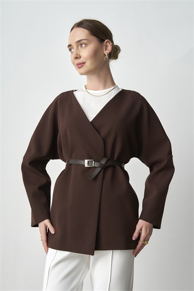 Kadın Kemerli Kimono Astarlı Şık Ceket
