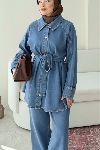 Kadın Kolu Çift Düğmeli Uzun Bluz Kot pantolon Takım