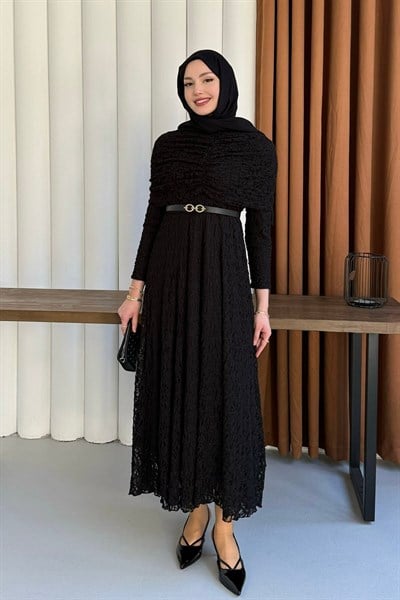 Kadın Omzu Şal Detaylı Tül Astarlı Elbise