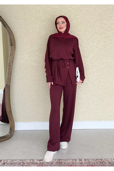Kadın Salaş Eteği Düğmeli Bluz Pantolon Takım