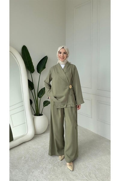 Kadın Toka Detaylı Kimono Bluz Bol Pantolonlu Takım