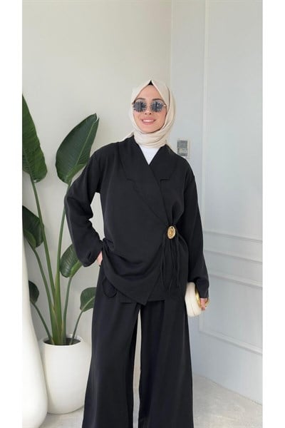 Kadın Toka Detaylı Kimono Bluz Bol Pantolonlu Takım