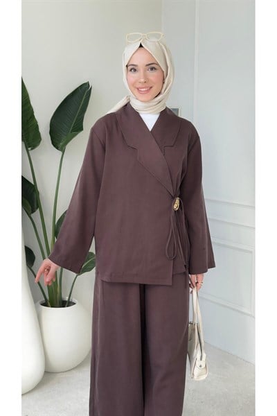 Kadın Toka Detaylı Kimono Bluz Bol Pantolonlu Takım