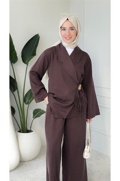 Kadın Toka Detaylı Kimono Bluz Bol Pantolonlu Takım