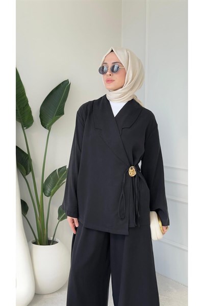 Kadın Toka Detaylı Kimono Bluz Bol Pantolonlu Takım