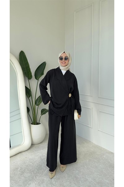 Kadın Toka Detaylı Kimono Bluz Bol Pantolonlu Takım