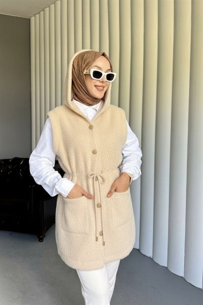 Kadın Tüylü Midi Boy Kapşonlu Tesettür Yelek Hırka