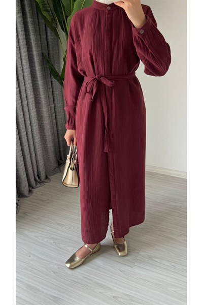 Kadın Uzun Yazlık Muslin İnce Tunik Bordo Pardesü