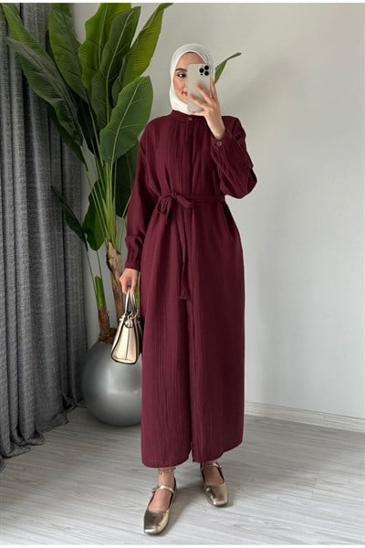 Kadın Uzun Yazlık Muslin İnce Tunik Bordo Pardesü