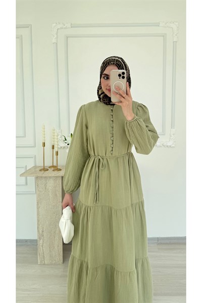 Molly Nelly Kadın Düğme Detaylı Uzun Muslin Elbise