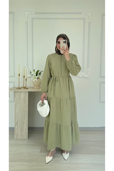 Molly Nelly Kadın Düğme Detaylı Uzun Muslin Elbise