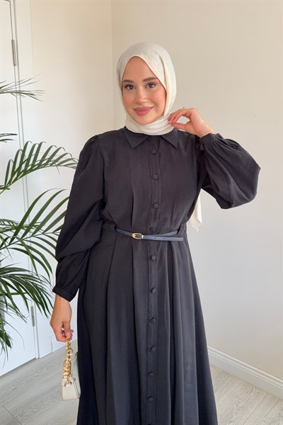 Molly Nelly Kadın Düğmeli Kemerli Zarif Uzun Elbise