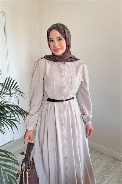 Molly Nelly Kadın Düğmeli Kemerli Zarif Uzun Elbise
