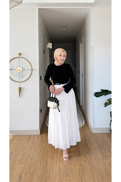 Molly Nelly Kadın Vual Kumaş Kırışık Uzun Astarlı Etek