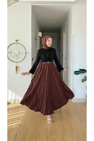 Molly Nelly Kadın Vual Kumaş Kırışık Uzun Astarlı Etek