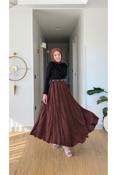 Molly Nelly Kadın Vual Kumaş Kırışık Uzun Astarlı Etek