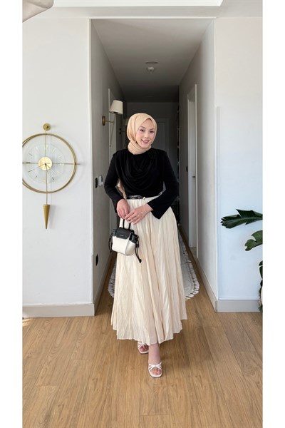 Molly Nelly Kadın Vual Kumaş Kırışık Uzun Astarlı Etek