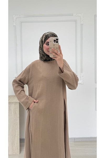 Molly Nelly Kadın Yırtmaçlı Tunik Muslin Pantolon Takım