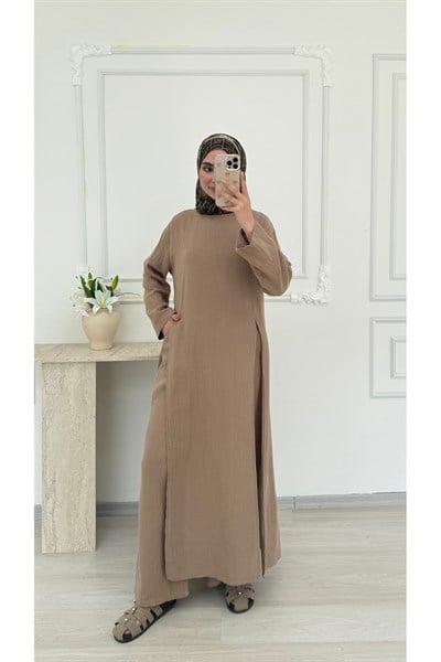 Molly Nelly Kadın Yırtmaçlı Tunik Muslin Pantolon Takım