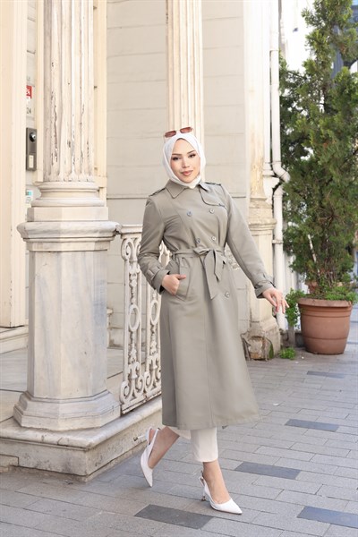 Trençkot Kuşaklı Düğmeli Kol Kemerli Su ve Rüzgar Geçirmez | Su Yeşili
