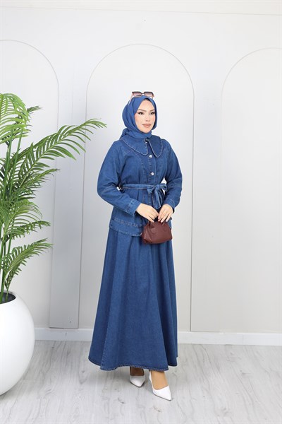 Kadın Düğme Detaylı Kuşaklı Denim Takım | Mavi