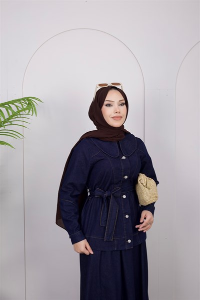 Kadın Düğme Detaylı Kuşaklı Denim Takım | Lacivert