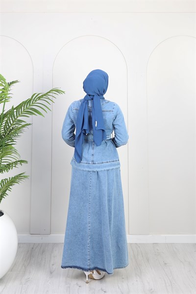 Kadın Düğme Detaylı Kuşaklı Denim Takım | Çok Renkli