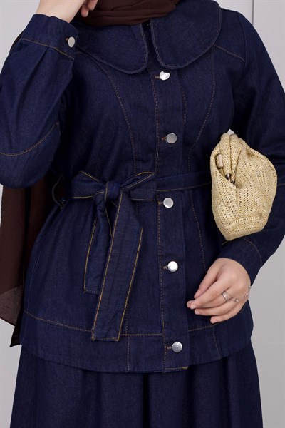 Kadın Düğme Detaylı Kuşaklı Denim Takım | Lacivert