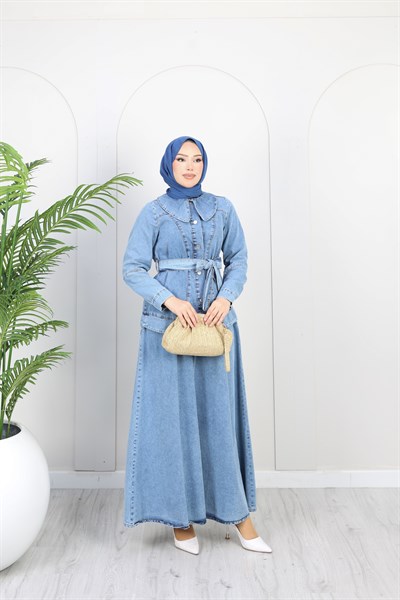 Kadın Düğme Detaylı Kuşaklı Denim Takım | Çok Renkli