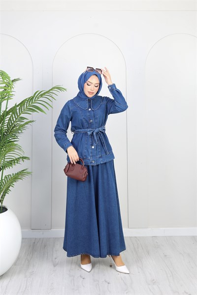 Kadın Düğme Detaylı Kuşaklı Denim Takım | Mavi