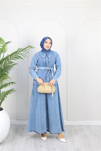 Kadın Düğme Detaylı Kuşaklı Denim Takım | Çok Renkli