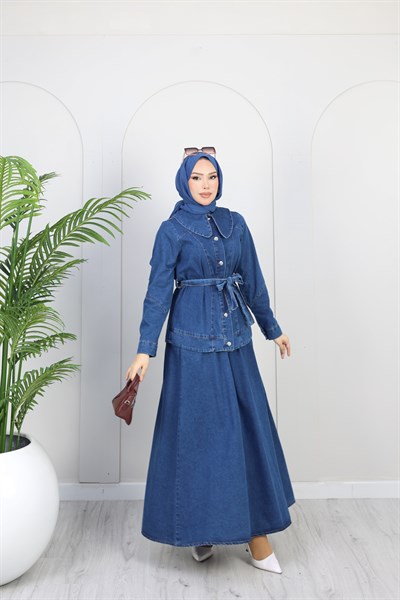Kadın Düğme Detaylı Kuşaklı Denim Takım | Mavi