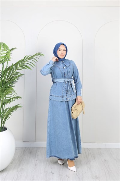 Kadın Düğme Detaylı Kuşaklı Denim Takım | Çok Renkli