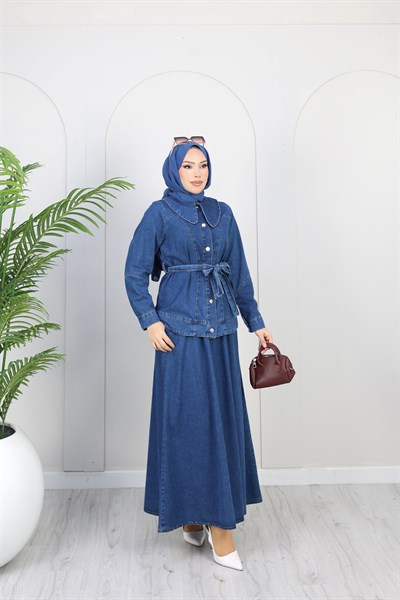 Kadın Düğme Detaylı Kuşaklı Denim Takım | Mavi