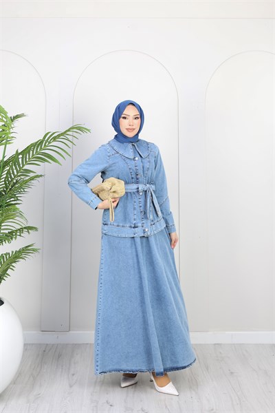 Kadın Düğme Detaylı Kuşaklı Denim Takım | Çok Renkli