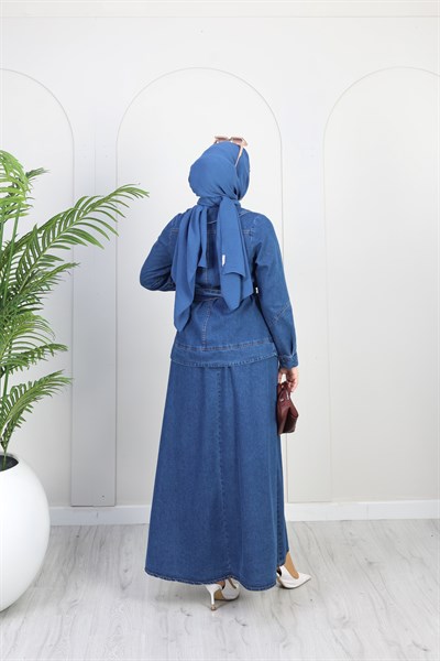 Kadın Düğme Detaylı Kuşaklı Denim Takım | Mavi