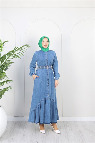 Kadın Kemer Detaylı Denim Kot Elbise | Çok Renkli