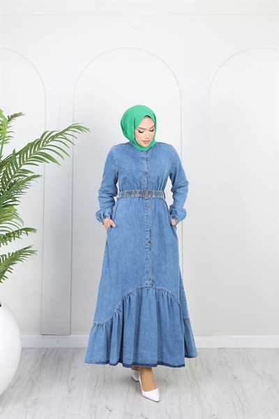 Kadın Kemer Detaylı Denim Kot Elbise | Çok Renkli