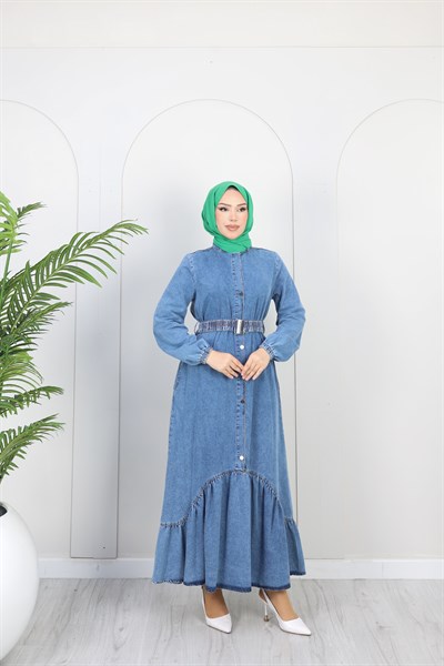 Kadın Kemer Detaylı Denim Kot Elbise | Çok Renkli