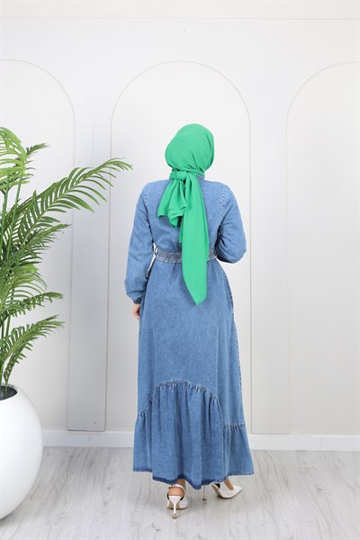 Kadın Kemer Detaylı Denim Kot Elbise | Çok Renkli
