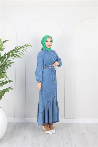 Kadın Kemer Detaylı Denim Kot Elbise | Çok Renkli