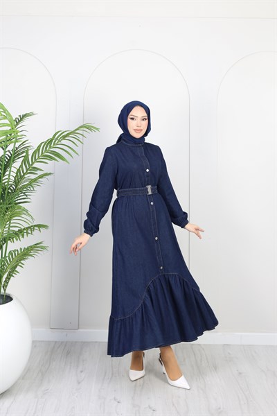 Kadın Kemer Detaylı Denim Kot Elbise | Lacivert
