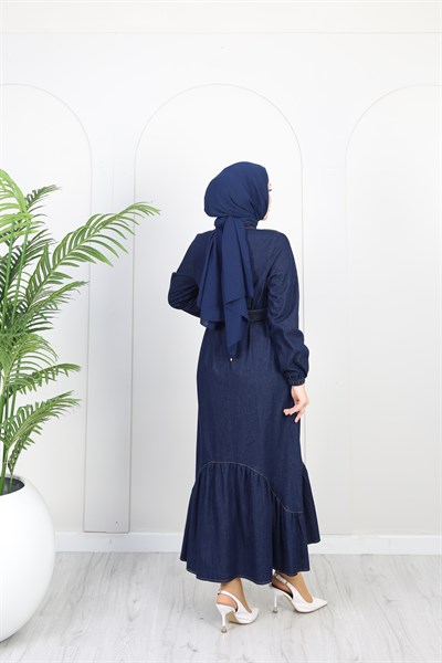 Kadın Kemer Detaylı Denim Kot Elbise | Lacivert