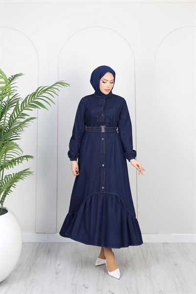 Kadın Kemer Detaylı Denim Kot Elbise | Lacivert