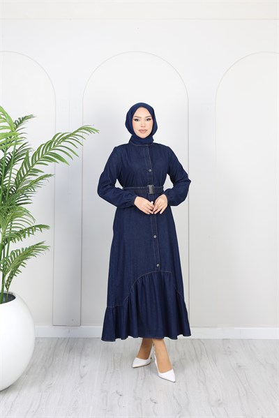 Kadın Kemer Detaylı Denim Kot Elbise | Lacivert