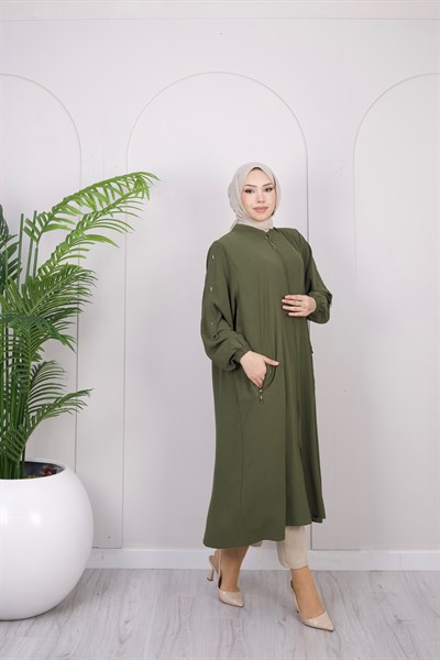 Kolları Taş Detaylı Kap | Haki