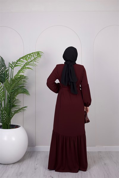 Kuşak Detay Volanlı Ferace | Bordo